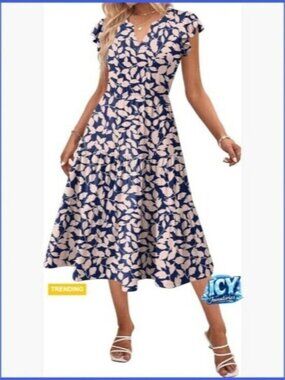 Polyester Spandex Midi Dress with Pockets V-Neck Ruffle Sleeve